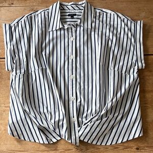 Talbots Navy and White Striped Gathered Front Oversized Relaxed Blouse Plus Size